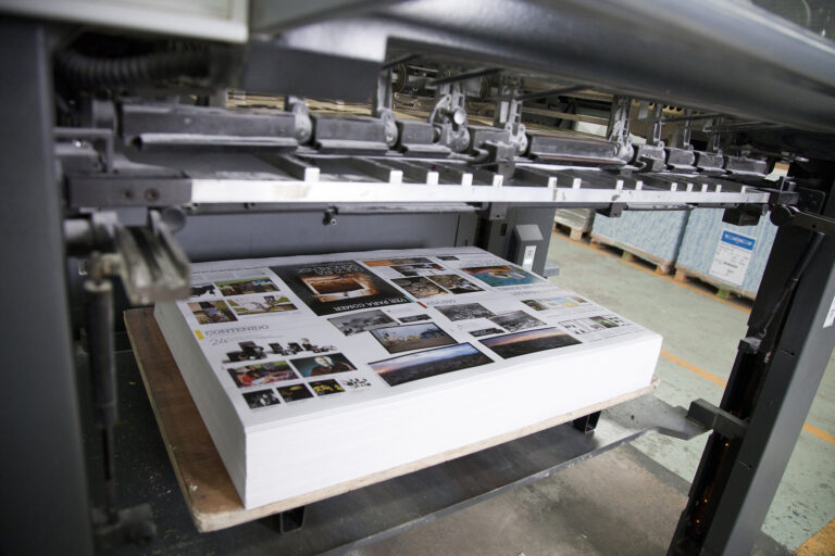 Close up of an offset printing machine during production
